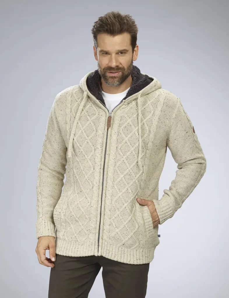 Strickjacke mit Berberfleece, Farbe beige/braun, Gr.M