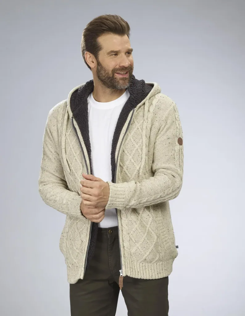Strickjacke mit Berberfleece, Farbe beige/braun, Gr.M
