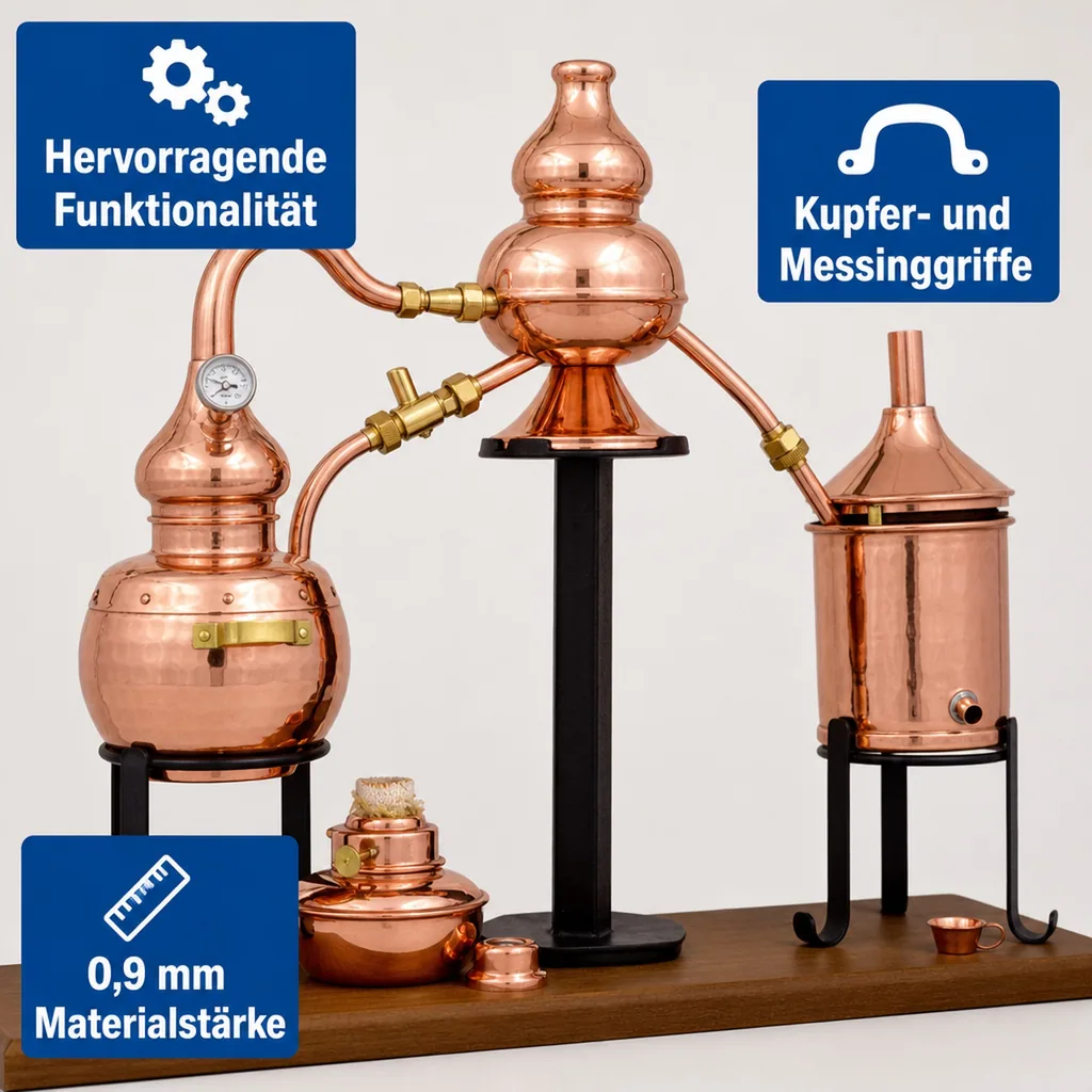 Destille, Destilliergerät, Destillationsapparatur - Alembic Charentais Premium, mit Spiritusbrenner und Thermometer, 0,7L