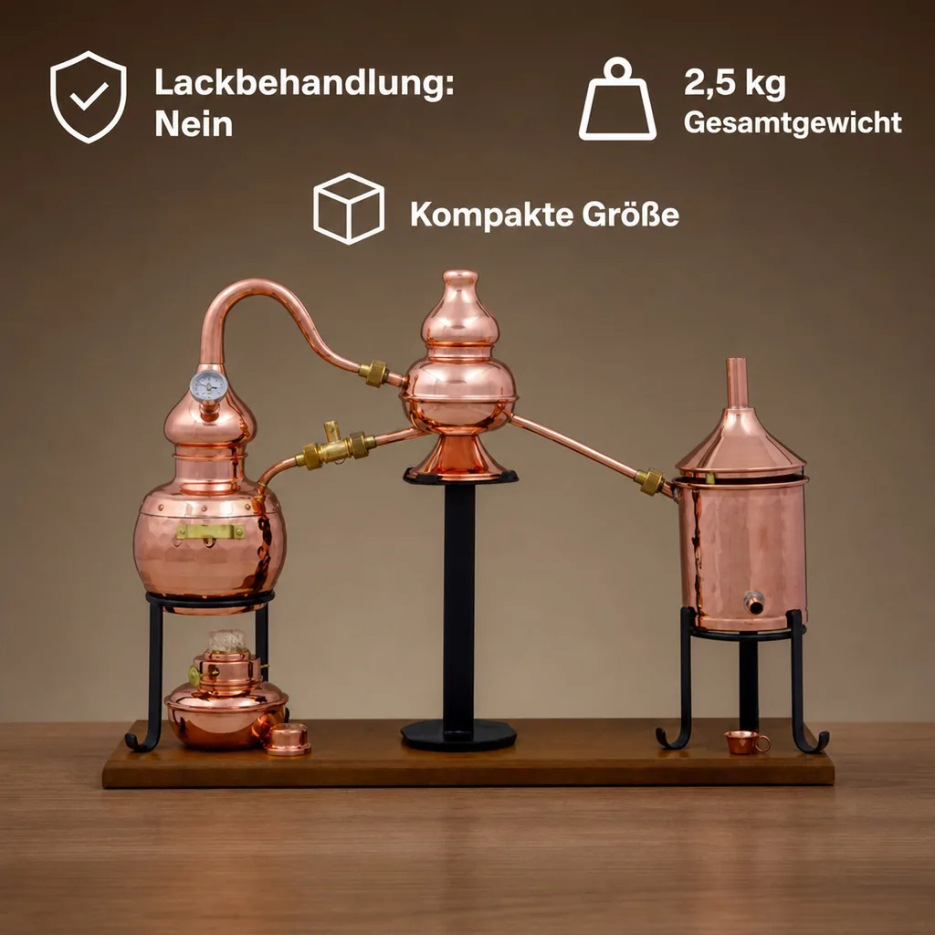 Destille, Destilliergerät, Destillationsapparatur - Alembic Charentais Premium, mit Spiritusbrenner und Thermometer, 0,7L
