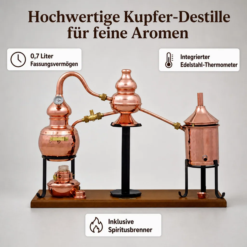 Destille, Destilliergerät, Destillationsapparatur - Alembic Charentais Premium, mit Spiritusbrenner und Thermometer, 0,7L