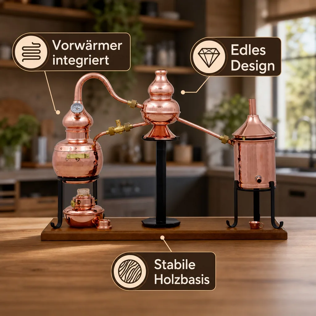 Destille, Destilliergerät, Destillationsapparatur - Alembic Charentais Premium, mit Spiritusbrenner und Thermometer, 0,7L