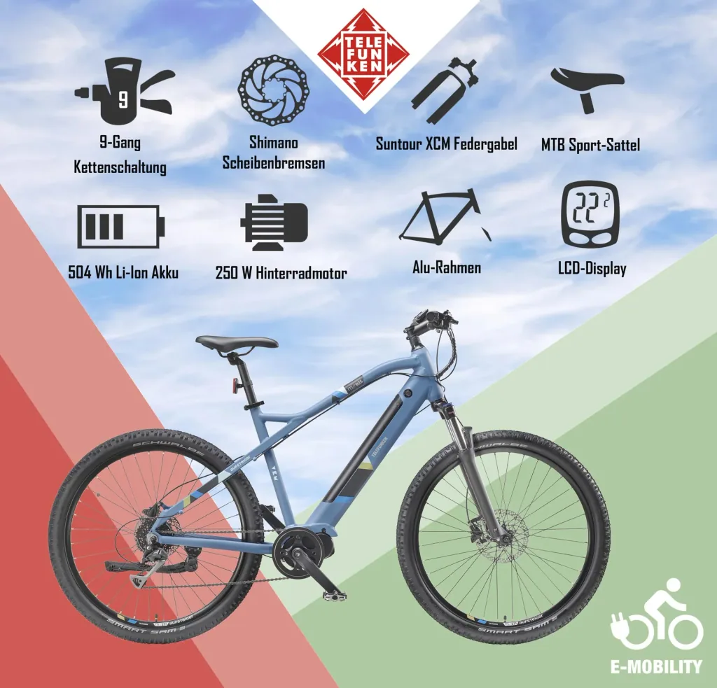 Unisex Alu MTB E-Bike 27,5 Zoll, 8-Gang Kettenschaltung, blau, Aufsteiger M925 Hardtail