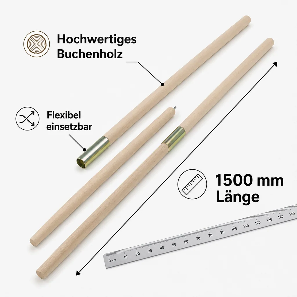 Gerätestiel Buche, 1500 x 35 mm, gerade mit Konus, teilbar