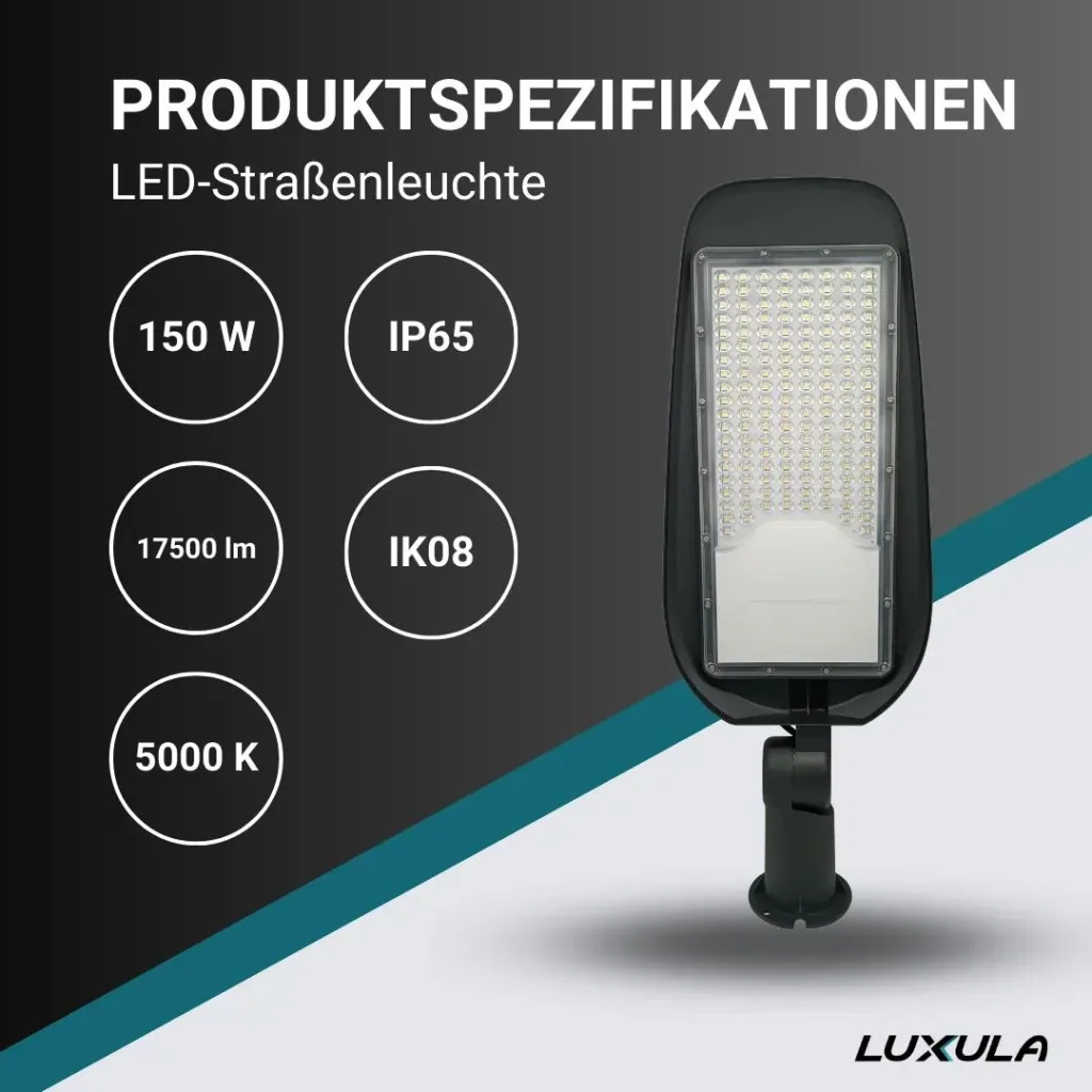 LED-Straßenleuchte 150 W bietet 17500 lm, 5000 K (neutralweiß) & IP65 Schutz