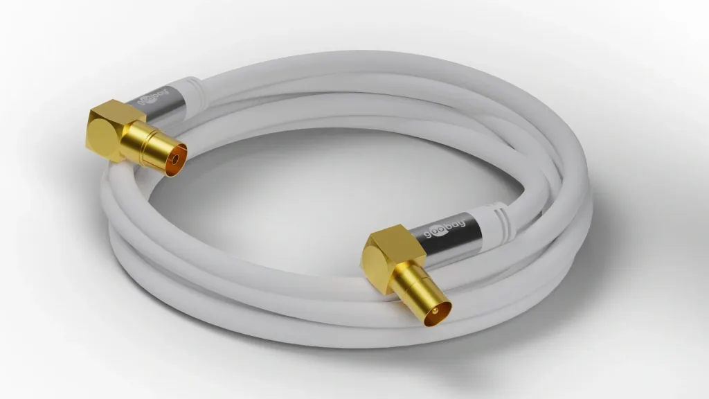 TV Antennenkabel 135 dB, 4x geschirmt, 10 m, Weiß - vergoldet, Koax-Buchse 90° > Koax-Stecker 90° (70450)