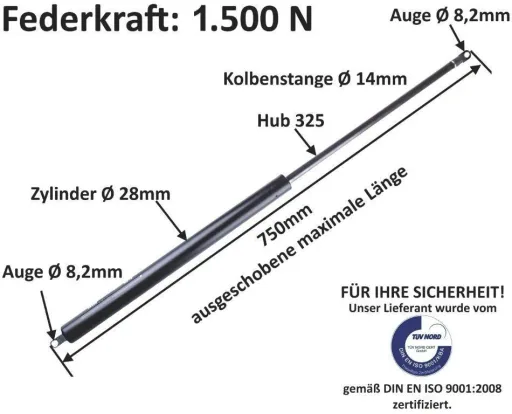 Gasdruckfeder - Gasdruckdämpfer 1500N = 150 kg