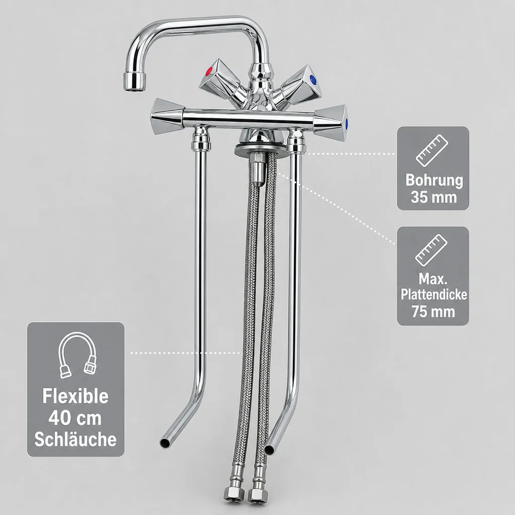 Wasserhahn, Küchenarmatur, Wasserarmatur - Mischbatterie, Model „BRUSE“, für 2 Becken Hochdruck