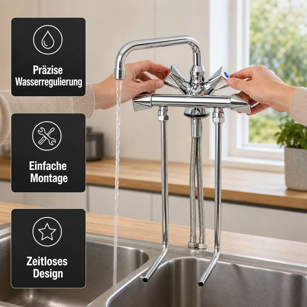 Wasserhahn, Küchenarmatur, Wasserarmatur - Mischbatterie, Model „BRUSE“, für 2 Becken Hochdruck
