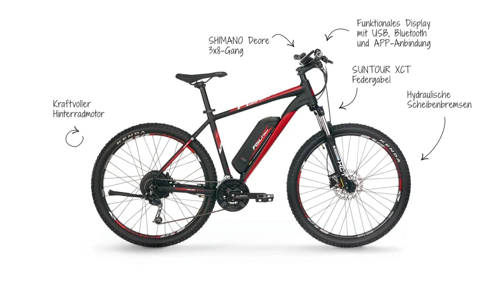 Unisex E-Bike MTB, 27,5 Zoll, Rahmengröße 48cm, 10-Gang Kettenschaltung, schwarz matt, MONTIS EM 1726