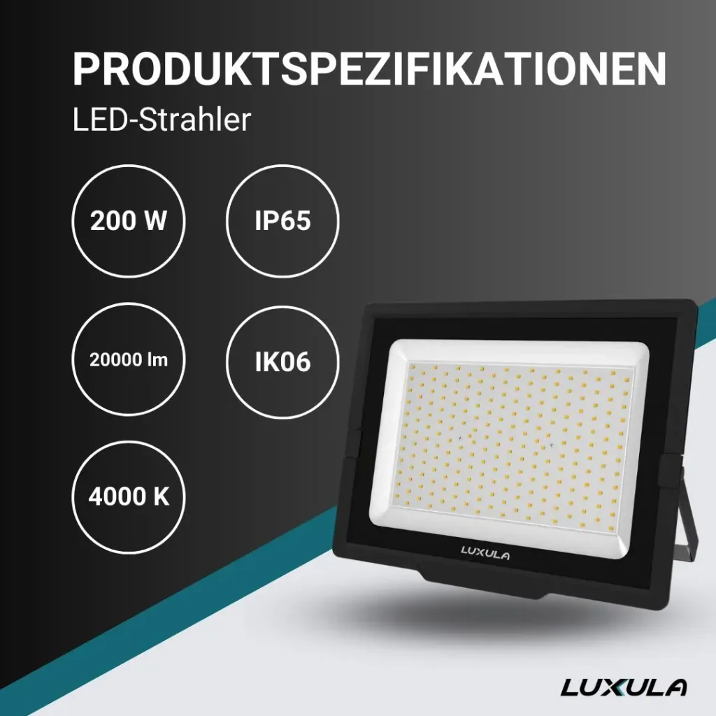 LED-Fluter in schwarz bietet 200 W, 4000 K (neutralweiß), 20000 lm & IP65 Schutz