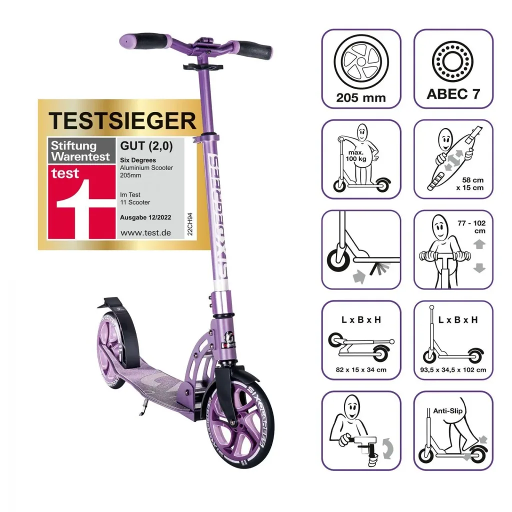 Aluminium Scooter mit Klappmechanismus und Ständer, 205 mm, ABEC 7, höhenverstellbar, lila