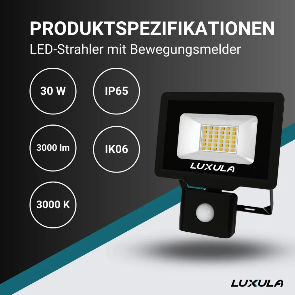 LED-Fluter in schwarz mit Bewegungsmelder bietet 30 W, 3000 K (warmweiß), 3000 lm & IP65 Schutz