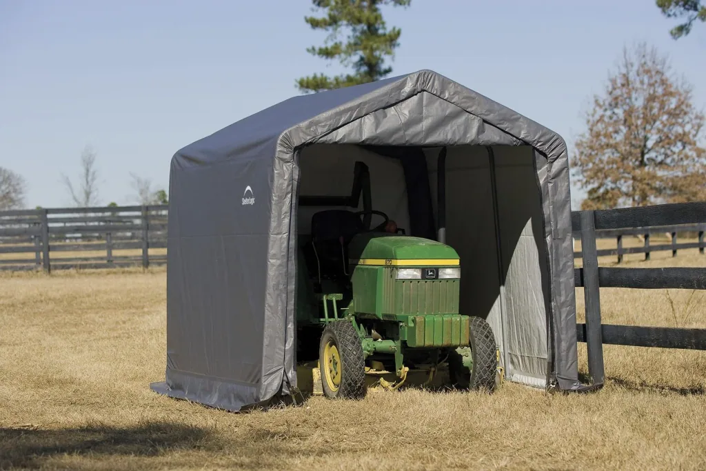 ShelterLogic Foliengerätehaus 9 m², grau, 297×305 cm – verstärkte Rückwand, DuPont-Stahlrahmen, wetterfest