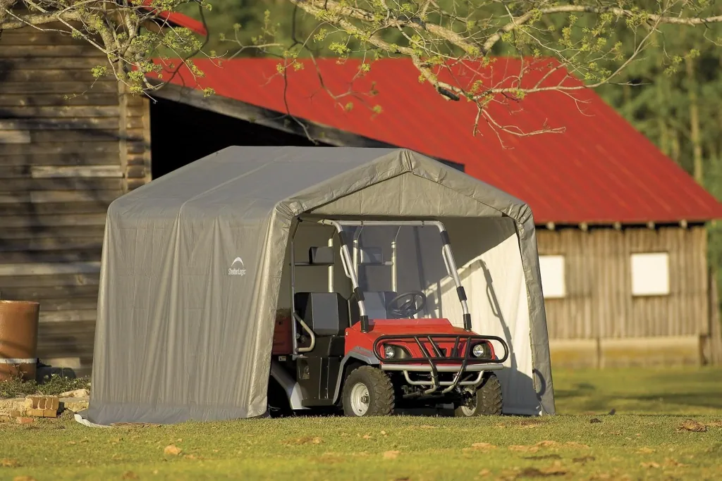 ShelterLogic Foliengerätehaus 9 m², grau, 297×305 cm – verstärkte Rückwand, DuPont-Stahlrahmen, wetterfest