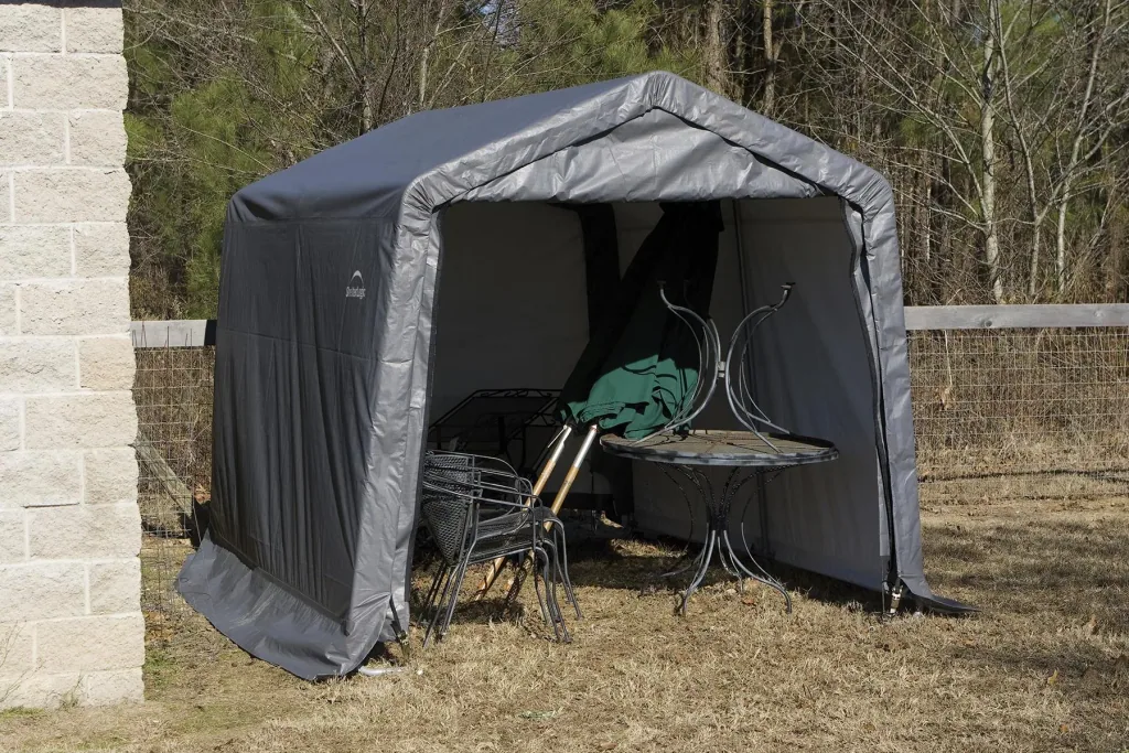 ShelterLogic Foliengerätehaus 9 m², grau, 297×305 cm – verstärkte Rückwand, DuPont-Stahlrahmen, wetterfest