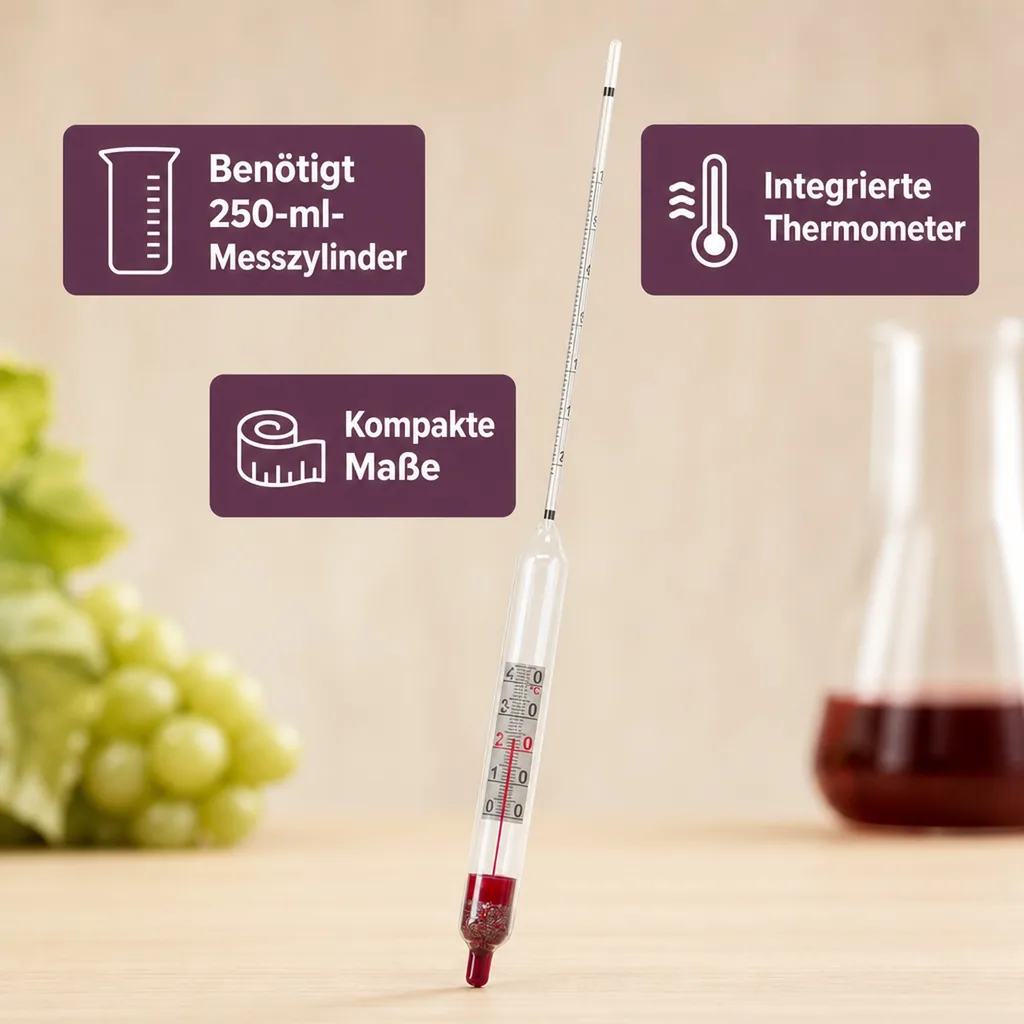 Alkoholmessgerät, Alkoholmeter, Alkoholspindel für Wein, mit Thermometer