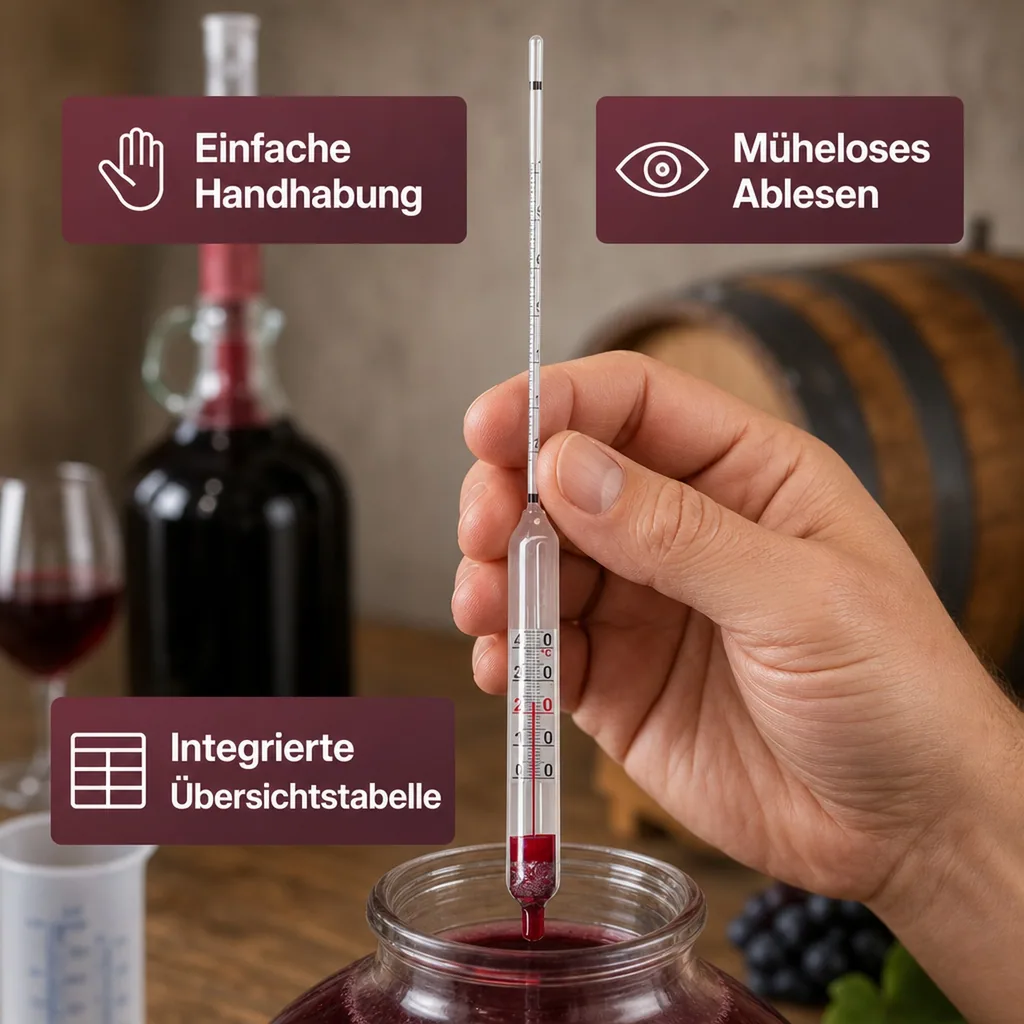 Alkoholmessgerät, Alkoholmeter, Alkoholspindel für Wein, mit Thermometer