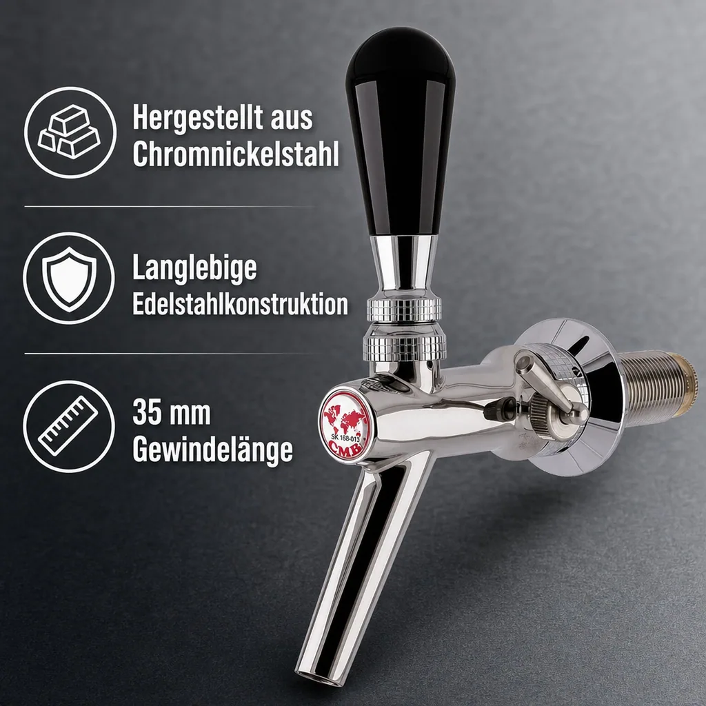 Zapfhahn, Kompensatorhahn, Bierzapfhahn, Schankhahn aus Chromnickelstahl, Modell - V10, Poliert, Gewindelänge: 35 mm
