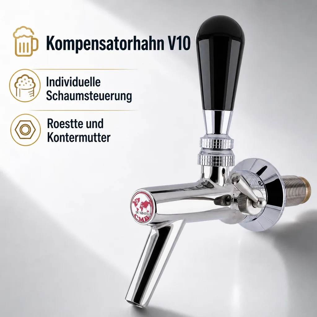 Zapfhahn, Kompensatorhahn, Bierzapfhahn, Schankhahn aus Chromnickelstahl, Modell - V10, Poliert, Gewindelänge: 35 mm