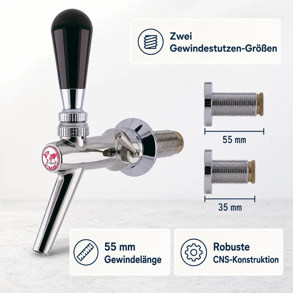Zapfhahn, Kompensatorhahn, Bierzapfhahn, Schankhahn aus Chromnickelstahl, Modell - V10, Poliert, Gewindelänge: 35 mm