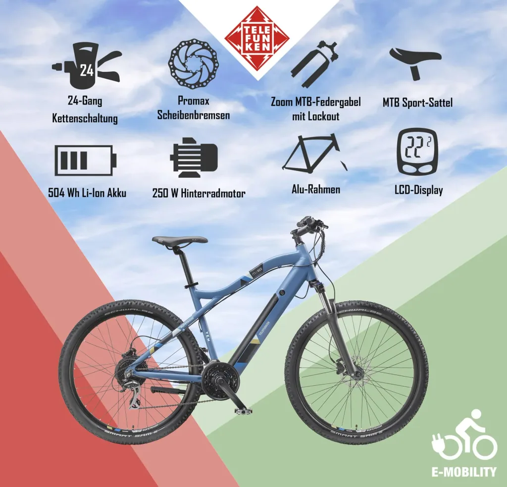 Unisex Alu MTB E-Bike, 29 Zoll, 24-Gang Kettenschaltung, blau, Aufsteiger M922 Hardtail