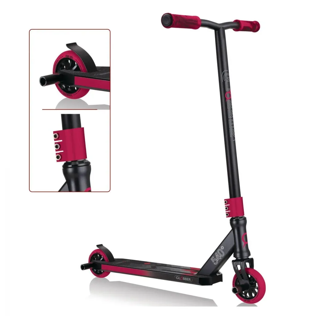STUNTSCOOTER GS 540, Freestyle Kickroller, 100 mm, ABEC 7, verstärkter Lenker, 360°- Lenkung, schwarz-rot