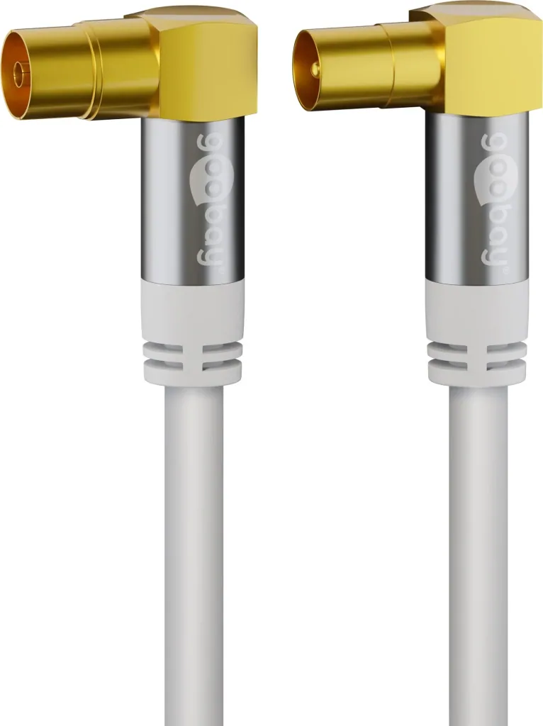 TV Antennenkabel 135 dB, 4x geschirmt, 1 m, Weiß - vergoldet, Koax-Buchse 90° > Koax-Stecker 90° (70411)