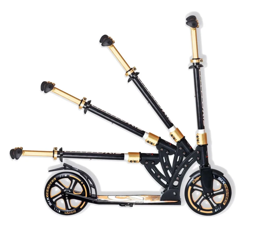 Aluminium Scooter mit Klappmechanismus und Ständer, 230/215 mm, ABEC 7, höhenverstellbar, gold