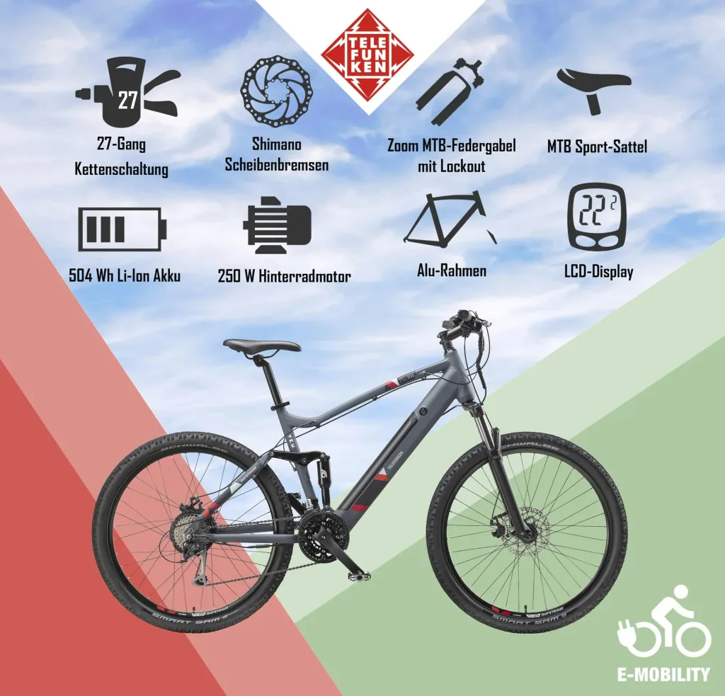 Unisex Alu MTB E-Bike, 27,5 Zoll, 24-Gang Kettenschaltung, grau, Aufsteiger M935 Fully