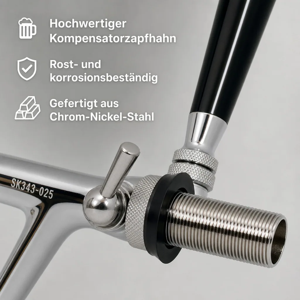 Zapfhahn, Kompensatorhahn, Bierzapfhahn, Schankhahn aus Chromnickelstahl, Modell - P3500, Poliert, Gewindelänge: 55 mm