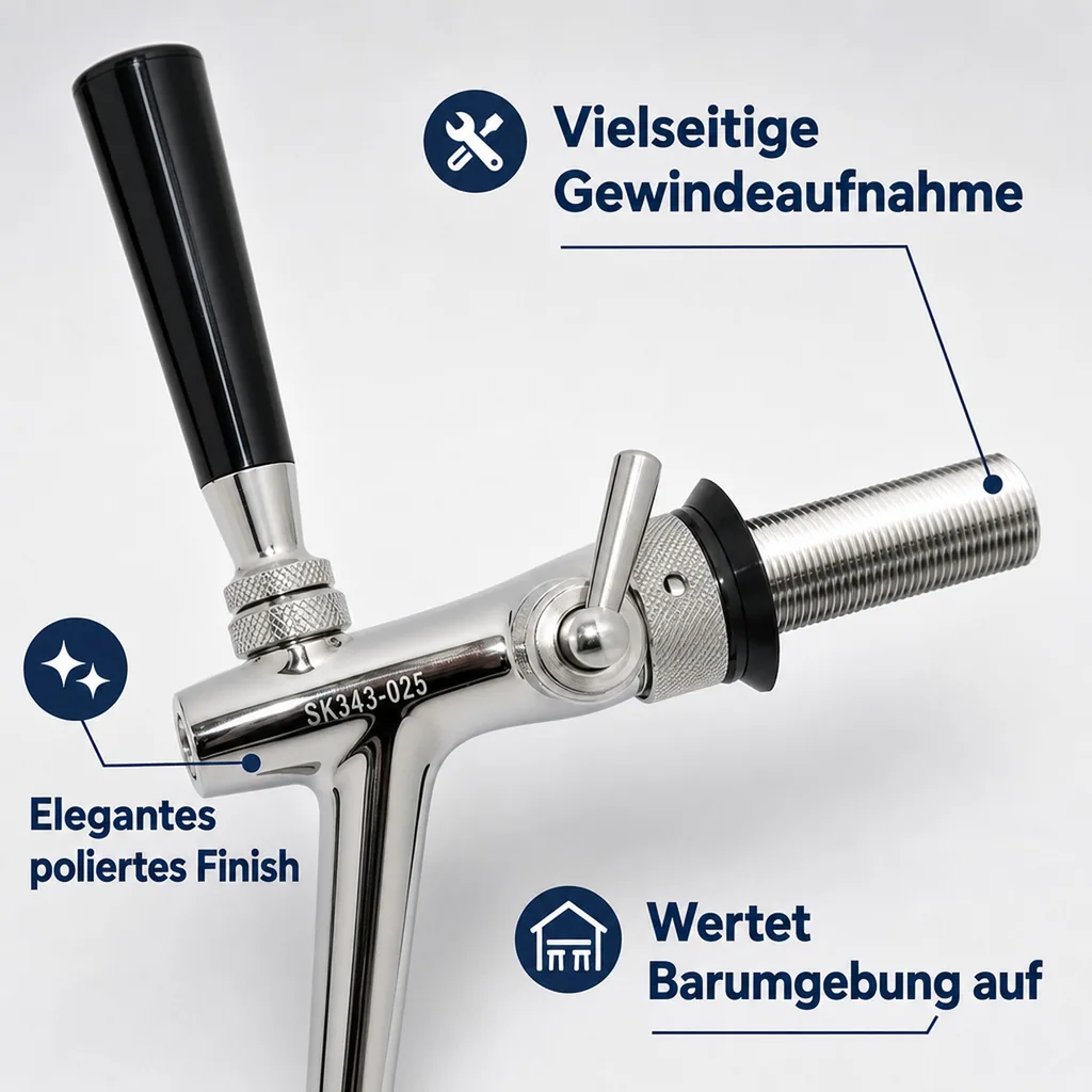 Zapfhahn, Kompensatorhahn, Bierzapfhahn, Schankhahn aus Chromnickelstahl, Modell - P3500, Poliert, Gewindelänge: 55 mm