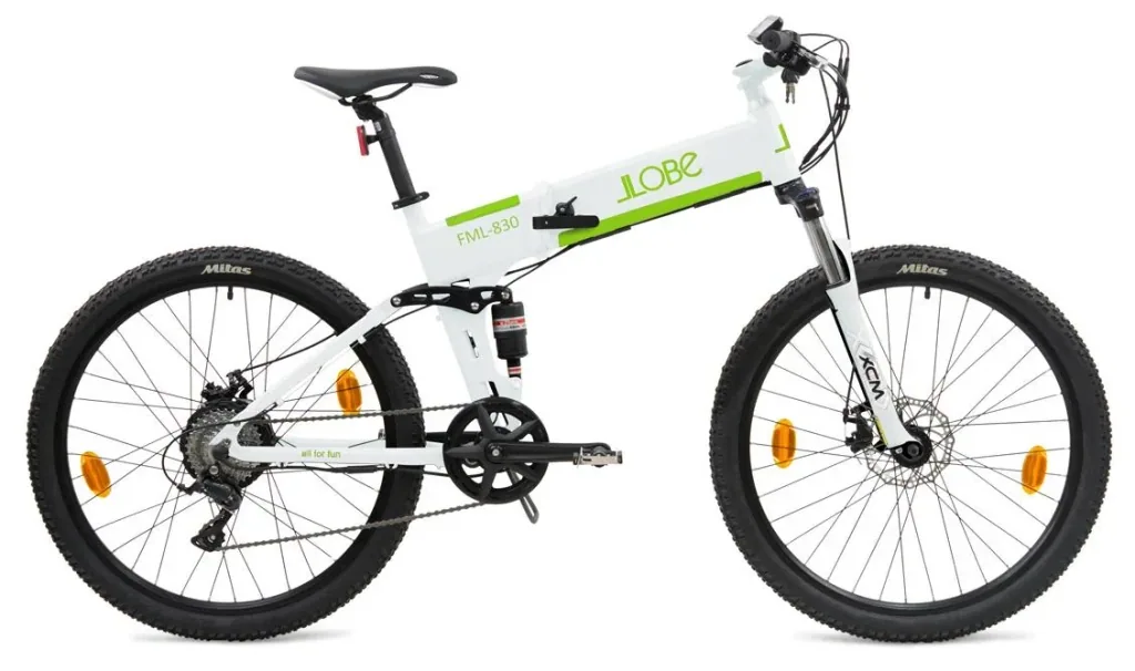 Unisex E-Mountain-Bike, 27,5 Zoll, Rahmenhöhe 48 cm, 9‐Gang Kettenschaltung, weiß, faltbar - FML830, 10,4 Ah