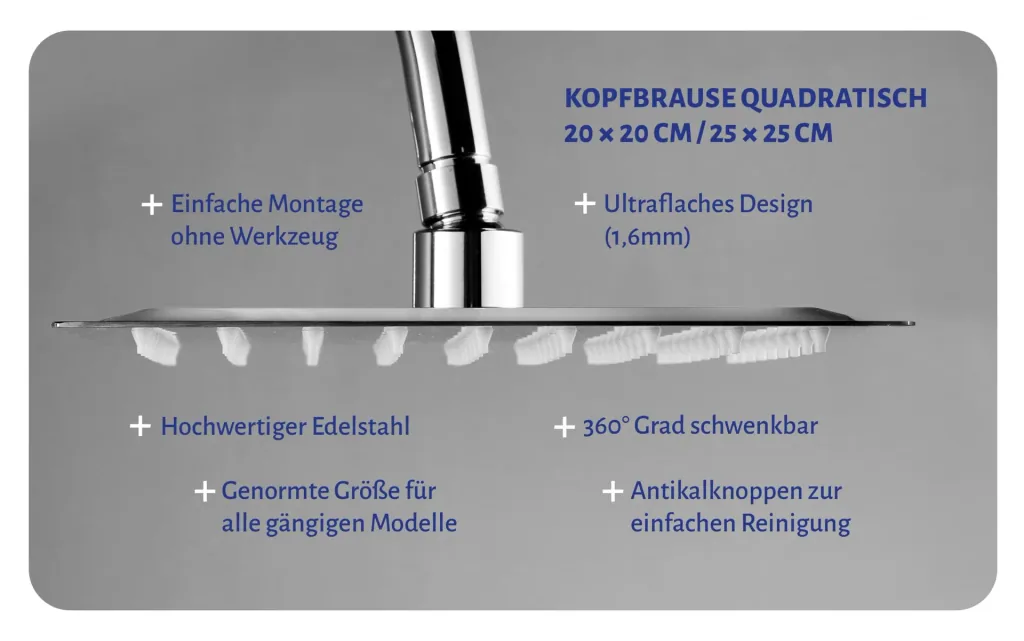 Duschkopf Kopfbrause 25x25 cm Regendusche aus Edelstahl mit 1 Strahlart G1/2 individuell einsetzbar