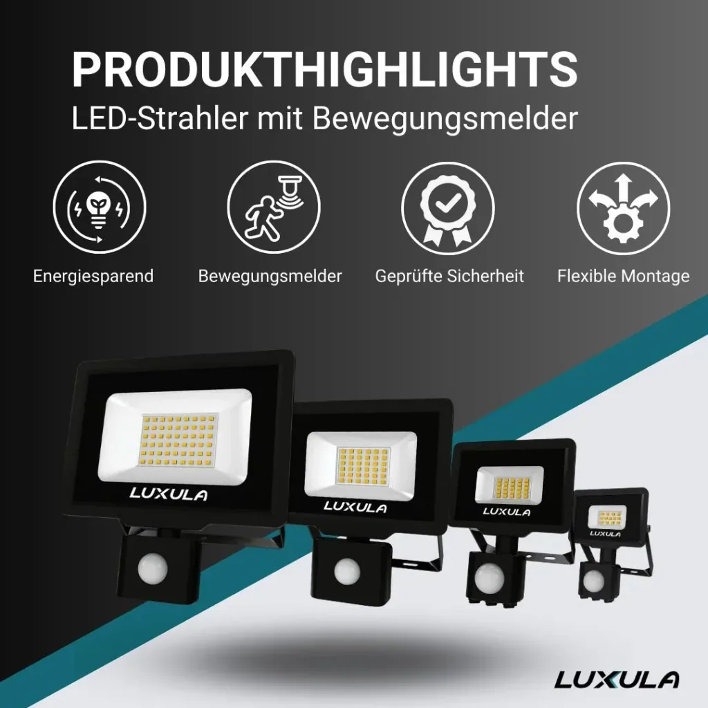 LED-Fluter in schwarz mit Bewegungsmelder bietet 20 W, 3000 K (warmweiß), 2000 lm & IP65 Schutz