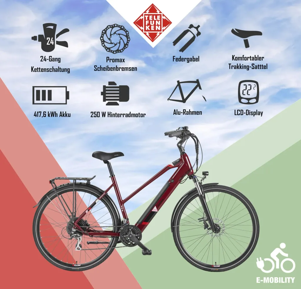 Damen Alu Trekking E-Bike, 28 Zoll, Rahmenhöhe 50 cm, 24-Gang Kettenschaltung, weinrot, XC940 Expedition,