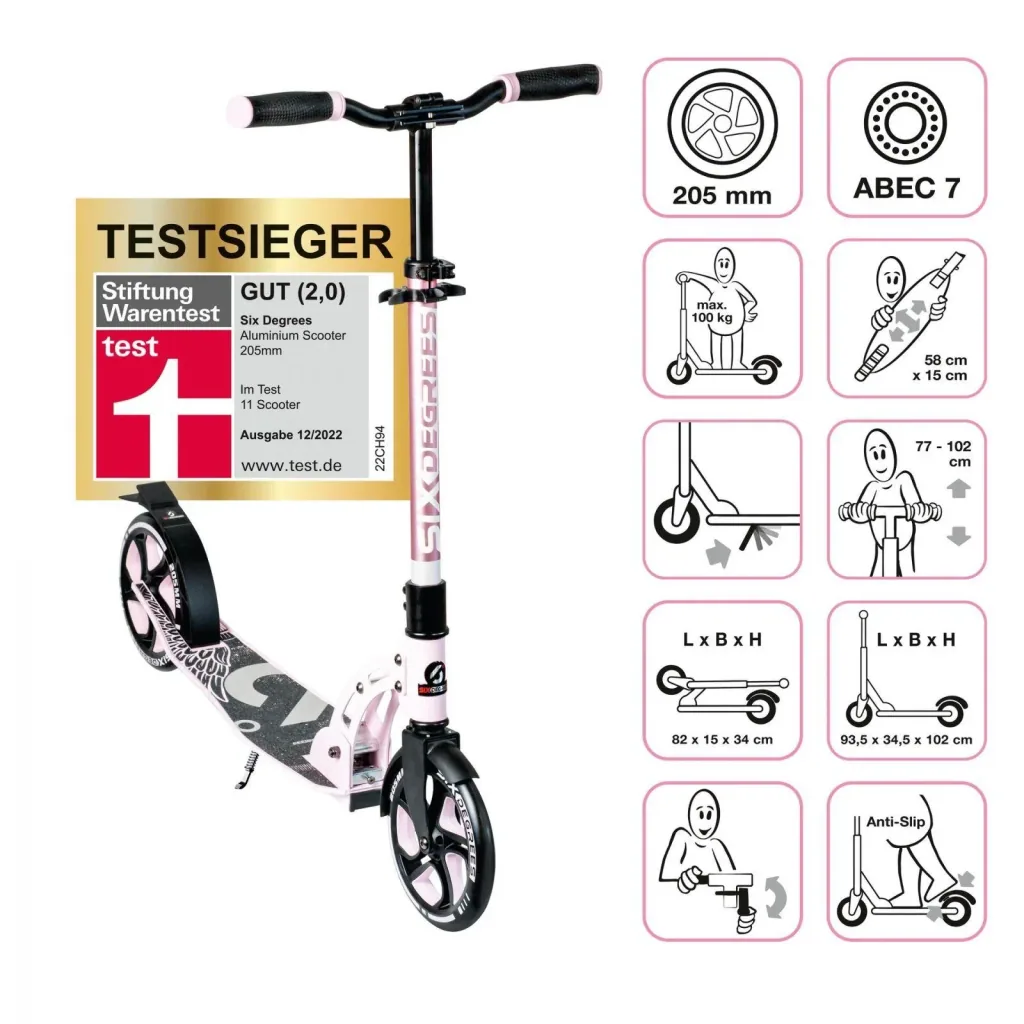 Aluminium Scooter mit Klappmechanismus, Ständer, 205 mm, ABEC 7, höhenverstellbar, pastell-pink