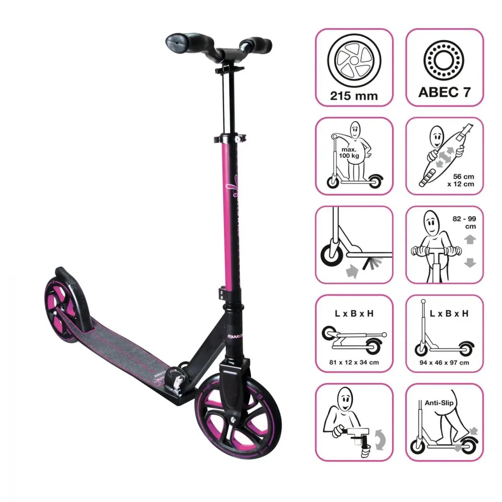 Aluminium Scooter Pro   Tretroller, 215 mm, ABEC 7, für Kinder und Erwachsene, GS-geprüft, höhenverstellbar, pink