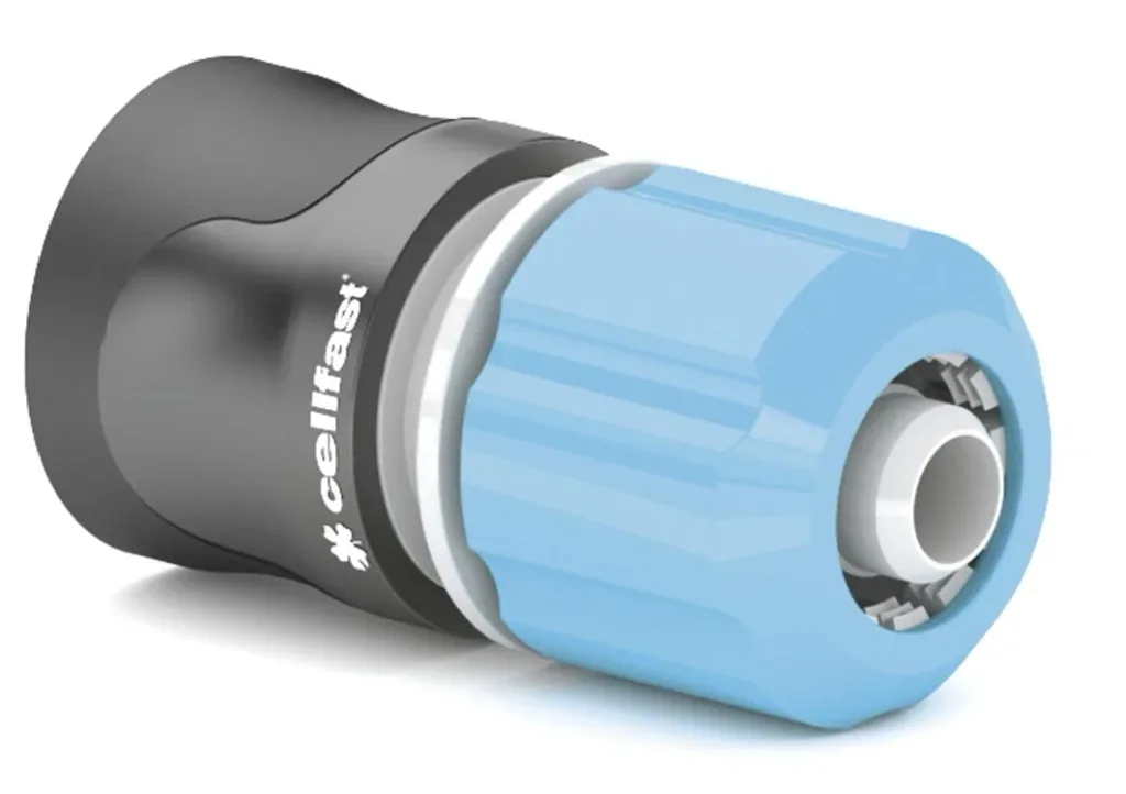 Schnellkupplung Gartenschlauch mit Wasserstop Ergo, ABS-Material, Ø12.5 mm 1/2 Zoll Schlauchanschluss, geeignet für Gartenbewässerung und Bewässerungssysteme, interner Stop-Mechanismus, blau schwarz, 47.3 g