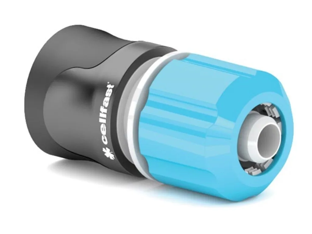 Schnellkupplung Gartenschlauch mit Wasserstop Ergo, ABS-Material, Ø12.5 mm 1/2 Zoll Schlauchanschluss, geeignet für Gartenbewässerung und Bewässerungssysteme, interner Stop-Mechanismus, blau schwarz, 47.3 g