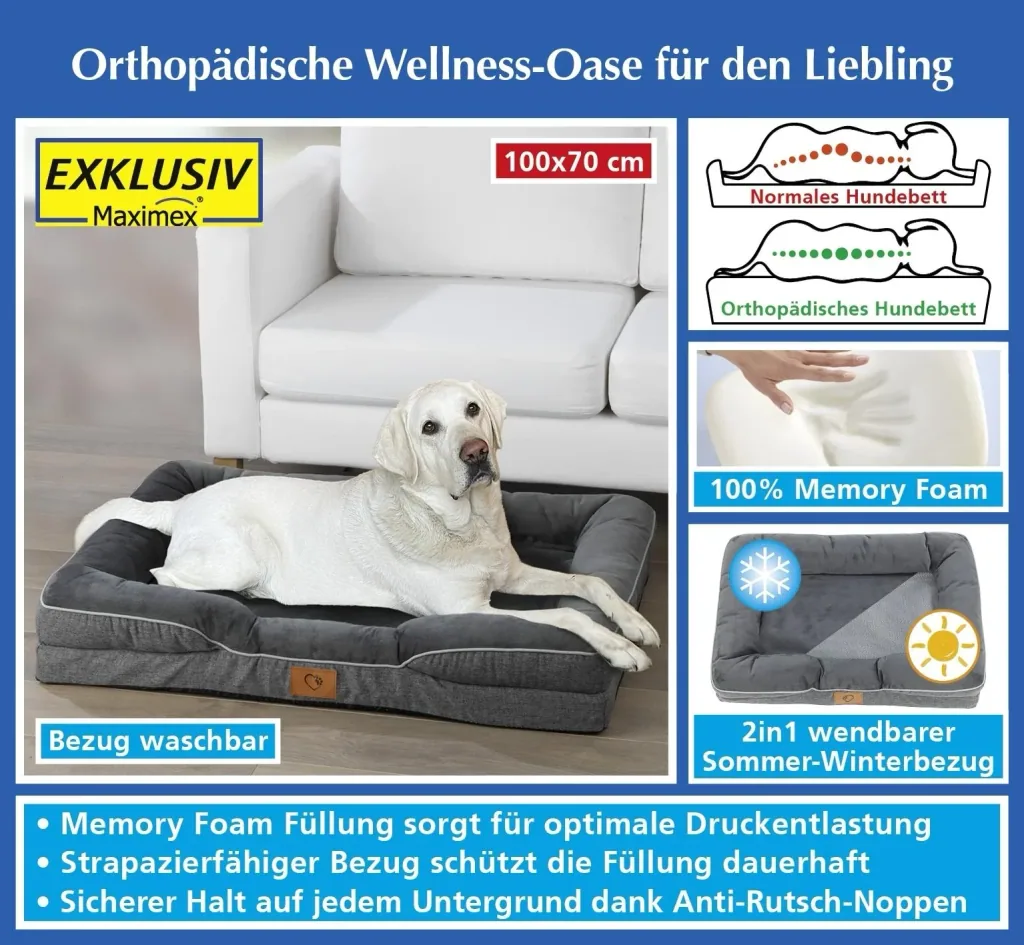 Orthopädisches Hundebett, Grau, Größe L, 100 x 70 x 16 cm