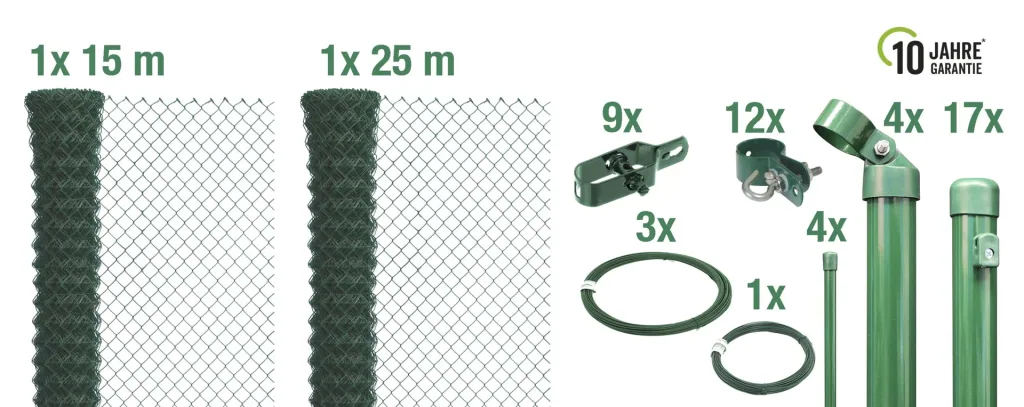 Maschendrahtzaun als Zaun-Komplettset, zum Einbetonieren, grün, Höhe 80 cm, Länge 40 m