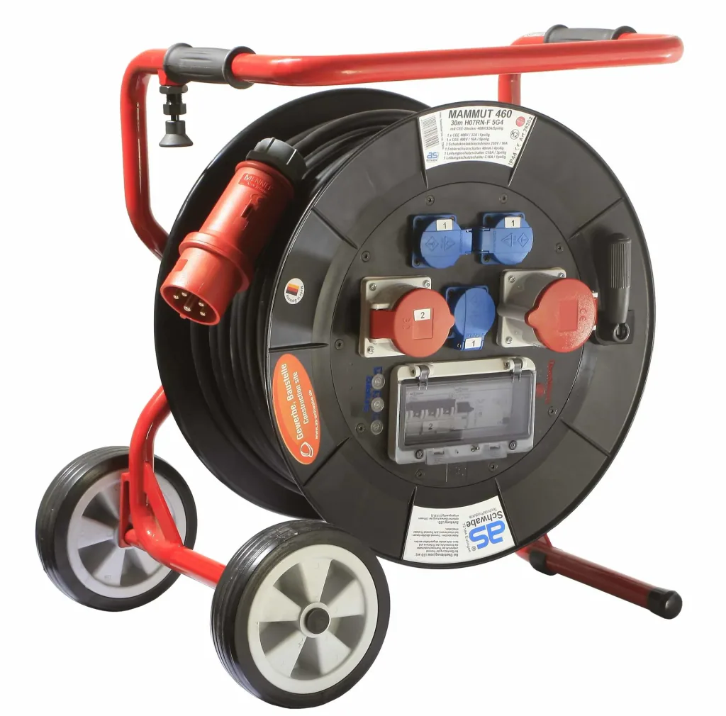 Profi-Trommel Mammut 460 Version 3, 30m, 3 Steckdosen 230V, 1+1-CEE Steckdosen, mit klappbarem Fußgestell