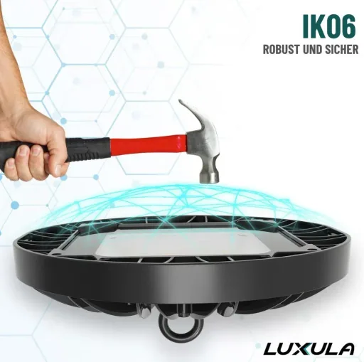 LED-HighBay in UFO-Form bietet 100 W, 9400 lm, 5000 K (neutralweiß) und IP65 Schutz.