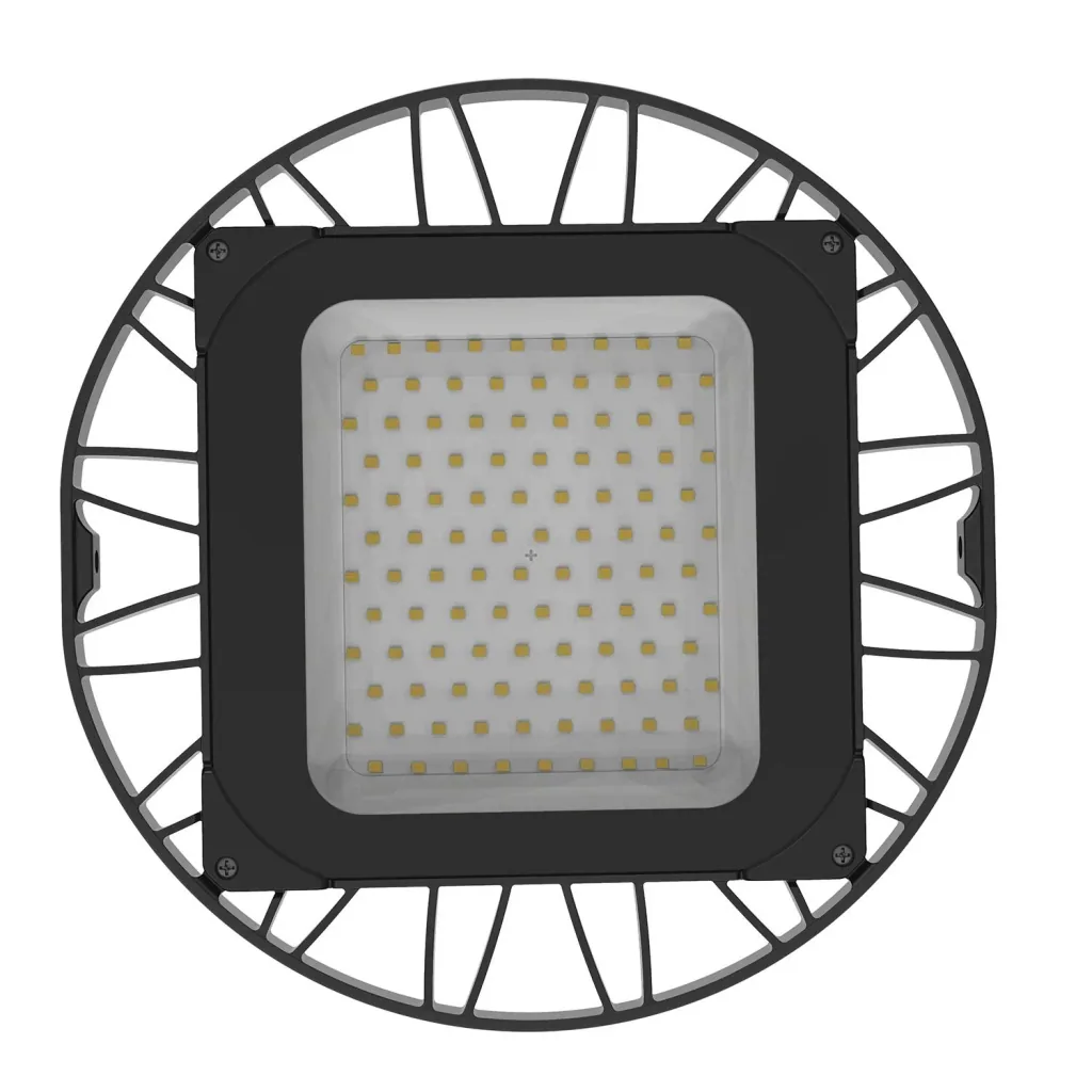 LED-HighBay in UFO-Form bietet 100 W, 9400 lm, 5000 K (neutralweiß) und IP65 Schutz.
