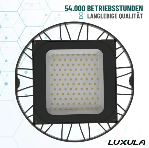 LED-HighBay in UFO-Form bietet 100 W, 9400 lm, 5000 K (neutralweiß) und IP65 Schutz.
