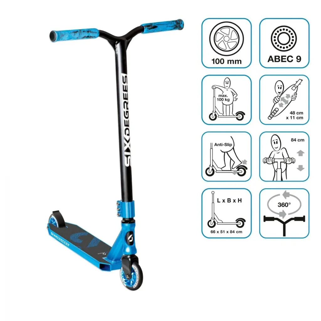 Stuntscooter mit verstärktem Wing-Lenker, HIC Compression-System, 100 mm, ABEC 9, 360° Lenkung, blau