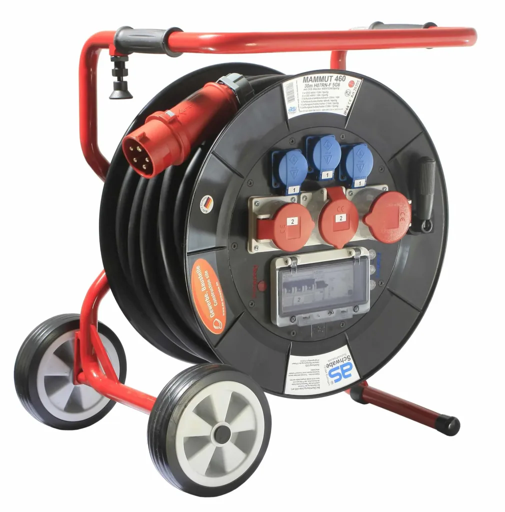 Profi-Trommel Mammut 460 Version 6, 30m, 3 Steckdosen 230V, 2+1-CEE Steckdosen, mit klappbarem Fußgestell