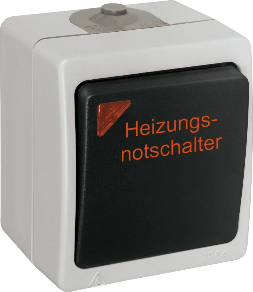 Aufputz-Feuchtraum Heizungsnotschalter mit Linse und eingesetzter Glimmlampe