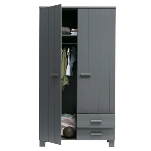 WOOOD - Schrank Dennis, 2-türig, Kiefer, 202x111x55 cm, Stahlgrau